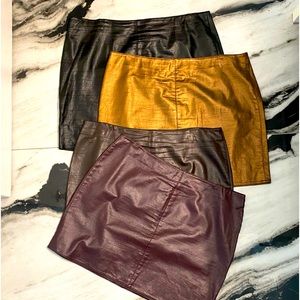 Bundle 4 vintage vegan faux leather mini skirts metallic gold, black wine brown